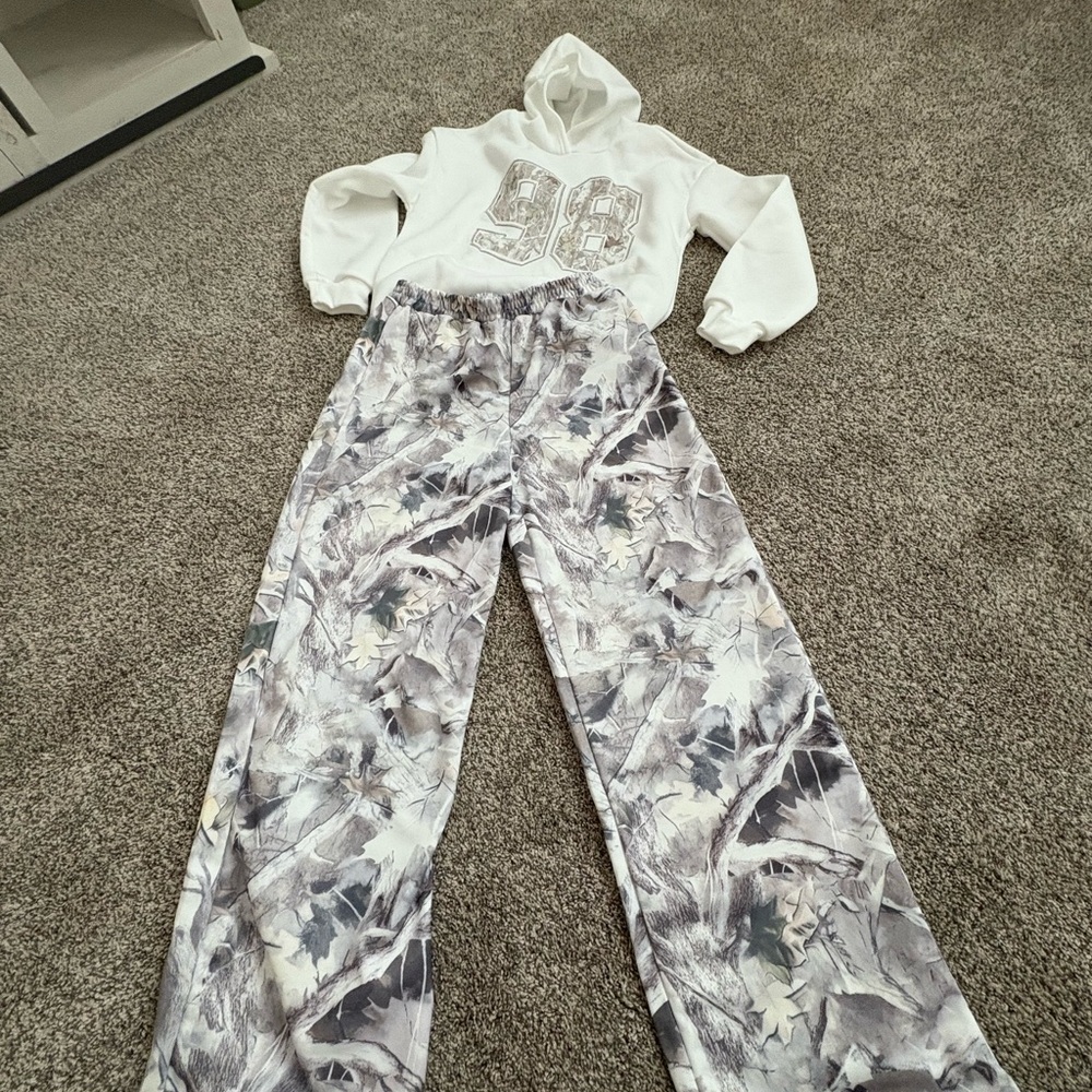SHEIN White Hoodie and Gray Patterned Pants Set